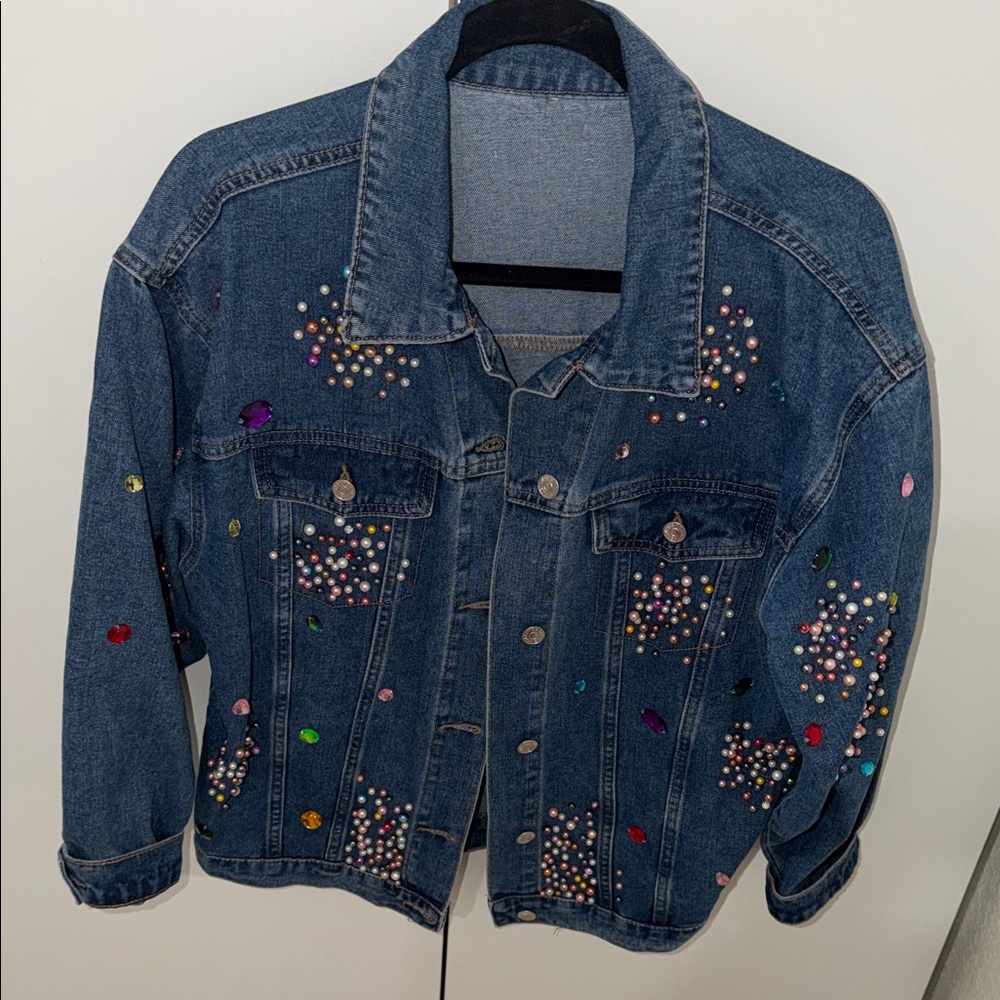 Embellished Denim Jacket with Colorful Accents